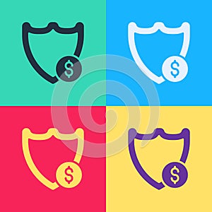 Pop art Shield with dollar symbol icon isolated on color background. Security shield protection. Money security concept