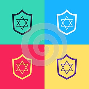 Pop art Shield with Star of David icon isolated on color background. Jewish religion symbol. Symbol of Israel. Vector