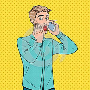 Pop Art Shocked Man with Long Nose Talking on Smartphone. Fake News Concept