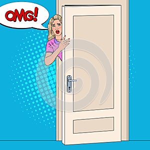 Pop Art Shocked Woman Peeking From Behind a Door. Surprised Girl