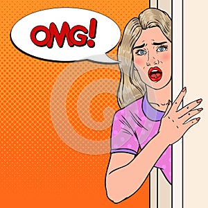 Pop Art Shocked Woman Peeking From Behind a Door. Surprised Girl