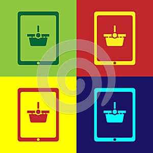 Pop art Shopping basket on screen tablet icon isolated on color background. Concept e-commerce, e-business, online