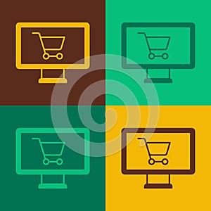 Pop art Shopping cart on monitor icon isolated on color background. Concept e-commerce, e-business, online business