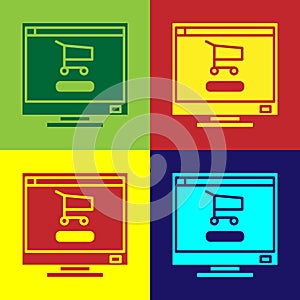 Pop art Shopping cart on screen computer icon isolated on color background. Concept e-commerce, e-business, online
