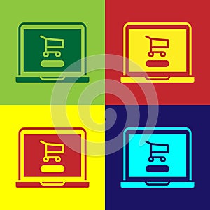 Pop art Shopping cart on screen laptop icon isolated on color background. Concept e-commerce, e-business, online