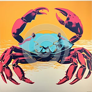 Pop Art Silkscreen Poster: Realistic Crab In Vibrant Orange And Blue