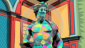 Pop art sketch of Michelangelos David statue wearing glasses in Renaissance styl. Concept