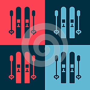 Pop art Ski and sticks icon isolated on color background. Extreme sport. Skiing equipment. Winter sports icon. Vector