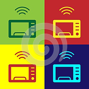 Pop art Smart microwave oven system icon isolated on color background. Home appliances icon. Internet of things concept