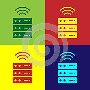 Pop art Smart Server, Data, Web Hosting icon isolated on color background. Internet of things concept with wireless