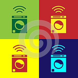 Pop art Smart washer system icon isolated on color background. Washing machine icon. Internet of things concept with