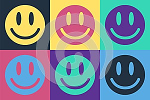 Pop art Smile face icon isolated on color background. Smiling emoticon. Happy smiley chat symbol. Vector