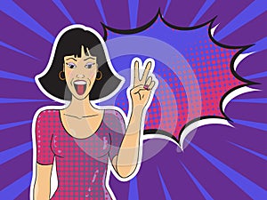 Pop art smiling woman showing victory sign with speech bubble