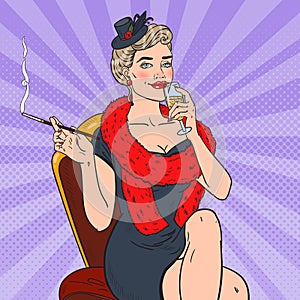 Pop Art Smoking Woman with Glass of Champagne. Femme fatale. Retro illustration