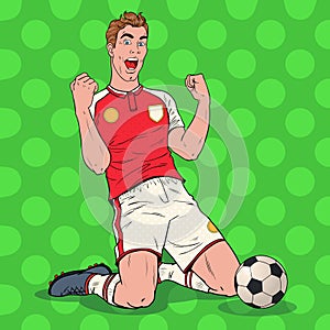 Pop Art Soccer Player Celebrating Goal. Happy Footballer, Sport Concept