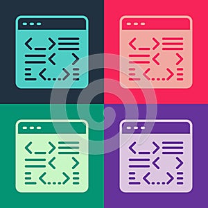Pop art Software, web developer programming code icon isolated on color background. Javascript computer script random
