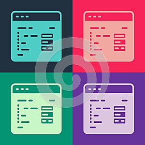 Pop art Software, web developer programming code icon isolated on color background. Javascript computer script random