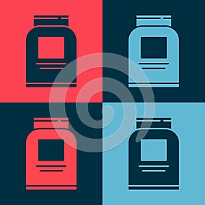 Pop art Sports nutrition bodybuilding proteine power drink and food icon isolated on color background. Vector