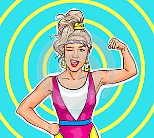 Pop Art sporty winking woman. Girl power advertising poster. Comic woman showing her biceps. We Can Do It. Fitness.