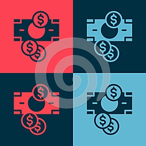 Pop art Stacks paper money cash and coin money with dollar symbol icon isolated on color background. Money banknotes