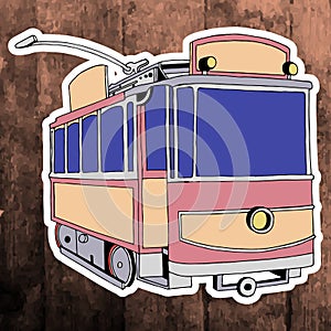 Pop art sticker. Hand drawing retro tram.Vector