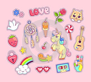 Pop art stickers comic style with cartoon animals, unicorn, kitten, dreamcatcher, guitar and rainbow