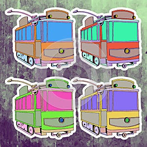 Pop art stickers set. Hand drawing retro tram