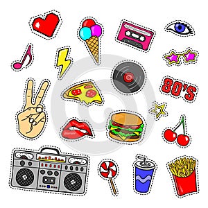 Pop art stickers with tape recorder, cassette, vinyl record, fast food, hand, lips and other elements.