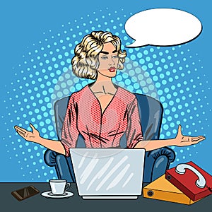 Pop Art Stressed Business Woman with Laptop at Multi Tasking Office Work