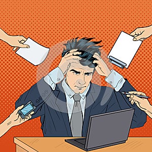 Pop Art Stressed Businessman with Laptop Grabbed His Head at Multi Tasking Work