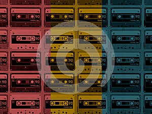 pop-art style colourful collection of C90 tape cassettes from the 1980\'s