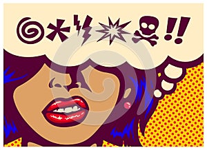 Pop art style comics panel angry woman grinding teeth with speech bubble and swear words symbols vector illustration