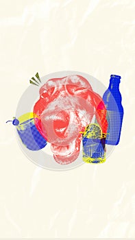 Pop art style dog muzzle with cocktail and bottle against textured background. Vertical poster. Contemporary art collage