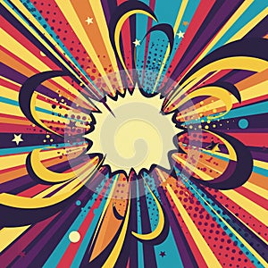 Pop art-style explosion design with a dynamic burst pattern emanating from the
