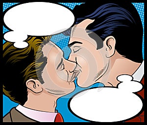 Pop Art Style Gay Men Kissing with Thought Bubbles