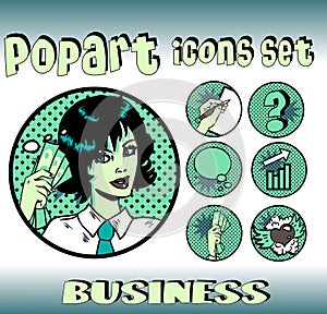 Pop art style icons set businesswoman