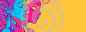 pop art-style illustration featuring side profiles of two women in bold colors against a bright yellow background