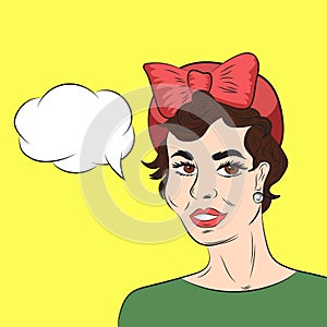 Pop art style sketch of beautiful brunette woman with bubble spee photo