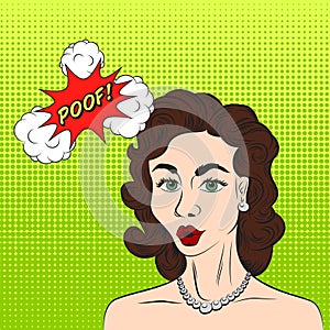 Pop art style sketch of beautiful brunette woman saying POOF! wit