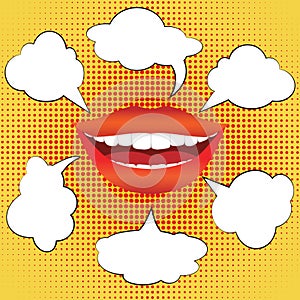 Pop art style smiling woman with speech bubbles