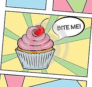 Pop art style sweet delicious cupcake illustration with icing, cream and cherry. For poster, web, print.