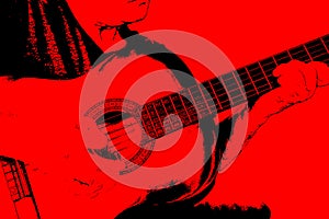 Pop art stylization of guitarist photography,man plays guitar, close-up hands, concept of creativity, learning to play musical