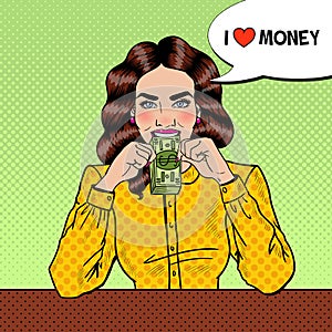 Pop Art Successful Beautiful Woman Eating Money
