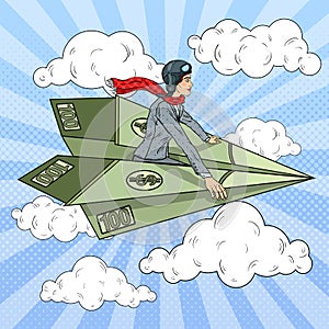 Pop Art Successful Business Woman Flying on Dollar Paper Plane