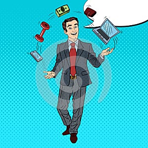 Pop Art Successful Businessman Juggling Computer, Phone and Money