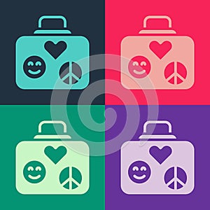 Pop art Suitcase for travel icon isolated on color background. Traveling baggage sign. Retro hippie style. Travel