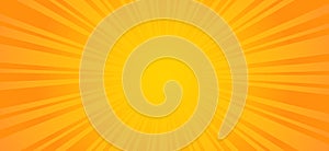 Pop art sun rays background. Vector illustration of retro template for yellow with radial stripes on orange.