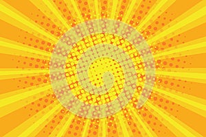 Pop art sunburst pattern, comic halftone background. Retro explosion backdrop. Radial rays with dots, yellow sunbeam. Vector