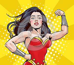 Pop Art super hero woman. Girl power advertising poster. Comic woman showing her biceps.Superwoman. We Can Do It.