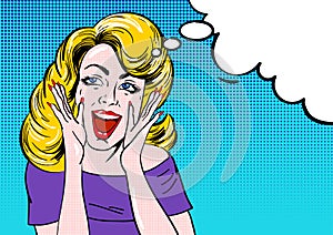 Pop art surprised blond girl face with open mouth. Wow comic woman with speech bubble vintage vector illustration.